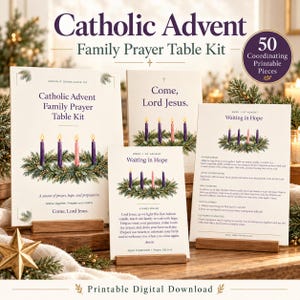 May include: A Catholic Advent Family Prayer Table Kit featuring 50 coordinating printable pieces. The set includes cards with illustrations of Advent wreaths with purple and pink candles, prayer text, and the title Catholic Advent Family Prayer Table Kit.