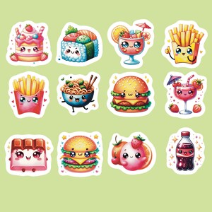 Food Stickers, Set of 24 Stickers, Drink Sticker, Journal Sticker, Die Cut Stickers, Snack Stickers, Kawaii Fries Stickers