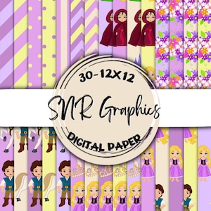 Rapunzel Princess Digital Paper Bundle 12X12, Scrapbook Paper, Carta da parati, Sfondo digitale, Princess Paper, Chevron, Punti, Striscia