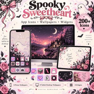May include: A digital download set titled Spooky Sweetheart featuring 200+ icons, wallpapers, and widgets for phone, tablet, and desktop. The display shows a smartphone, computer monitor, and tablet screen with pink and black ghost and rose graphics.