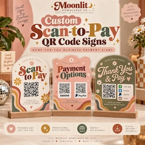 May include: Three arched acrylic signs with wooden bases featuring retro-style text and QR codes. The signs display phrases like Scan to Pay, Payment Options, and Thank You & Pay, decorated with colorful wavy lines, flowers, and stars.