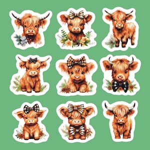 Highland Cow Stickers, Set 18 Stickers, Baby Highland Cow Stickers, Cow Sticker, Cows, Farm Sticker, Scottish Highland Sticker