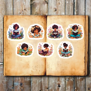 Black Girls Reading in Flowers Stickers, Set 21 Stickers, African American Stickers, Black Girl Sticker, Reading Book Stickers, Girl Sticker