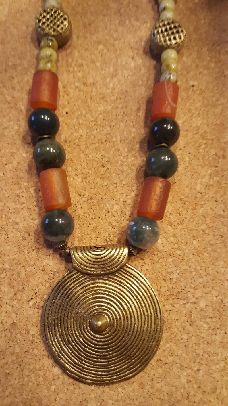 Ethnic brass pendant necklace collection lemon jade and dragon blood moss agates glass beads