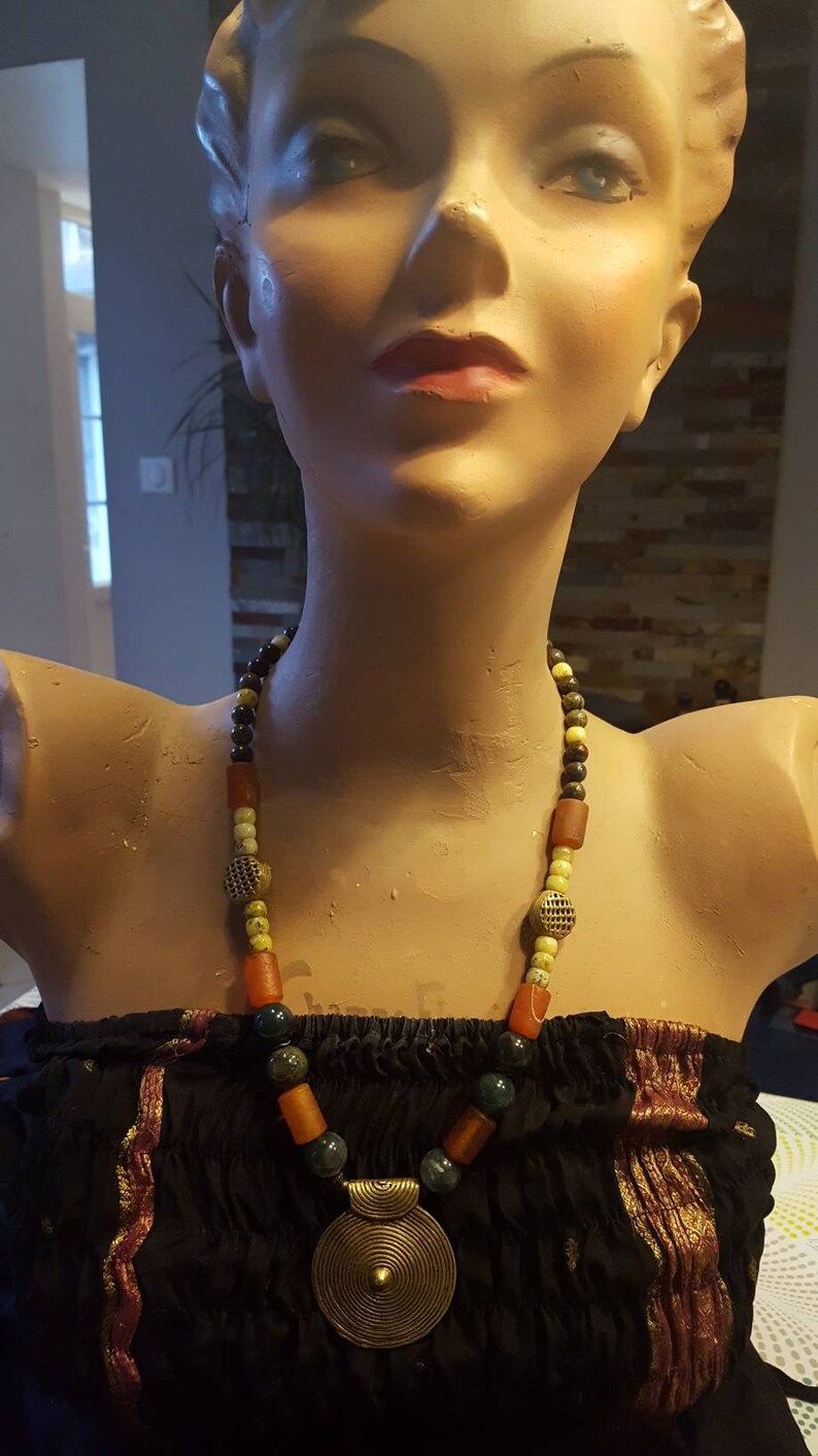 Ethnic brass pendant necklace collection lemon jade and dragon blood moss agates glass beads
