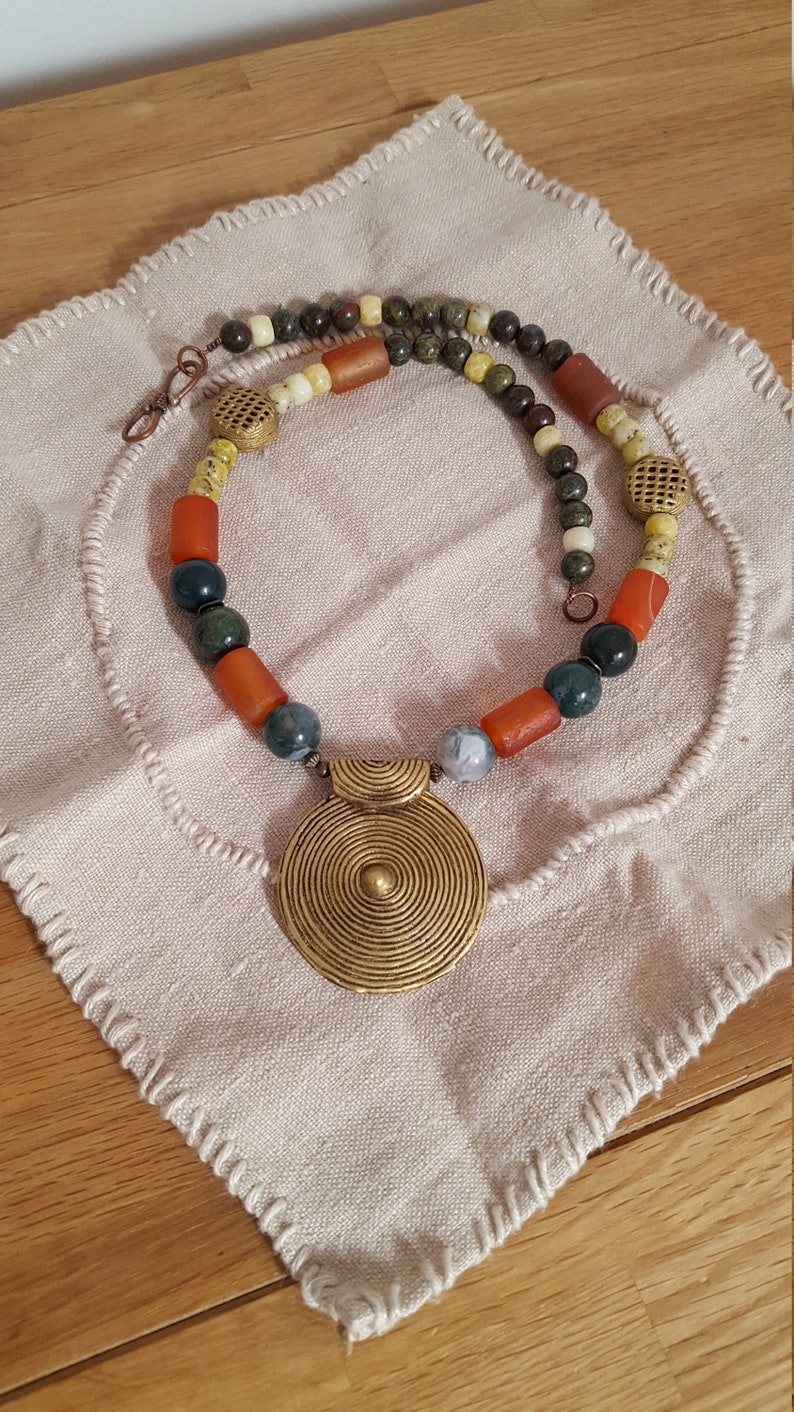 Ethnic brass pendant necklace collection lemon jade and dragon blood moss agates glass beads
