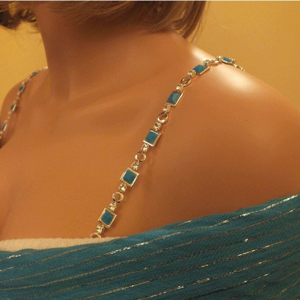 Square Turquoise Color  Beaded with Sparkling Rhinestones Bra Strap - item # 1003