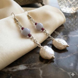 Roman Fountain Drop Earrings - Blue Lace Agate, Red Garnet & Large Keshi Pearl - Gladiator Inspired Minimalist Jewelry - Fine Silver Hooks