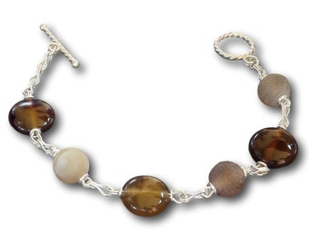 Handmade Silver Bracelet with Brown Agate Lentil and Frosted Round Agate Beads, Woman's Bracelet, Valentine's Day Gift, Designer Jewelry