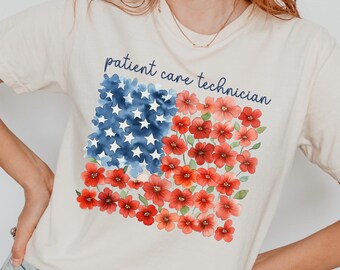 PCT 4th of July Shirt, Patient Care Technician Tee, Comfort Colors USA, Patriotic PCT Gift, Nurse Appreciation, Floral American Flag Tee