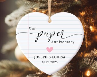 1st Anniversary Ornament, Paper Anniversary Keepsake, Personalized One Year Wedding Gift for Couple,  Custom First Year Married Ornament