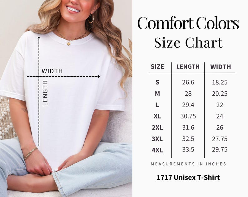 Peut inclure: Tableau des tailles pour un t-shirt unisexe de Comfort Colors. Le tableau indique la longueur et la largeur en pouces pour les tailles S &agrave; 4XL.