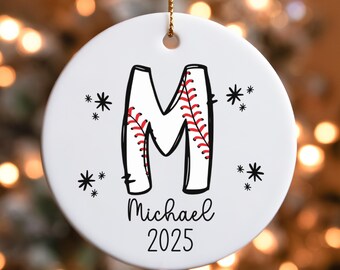 Personalized Baseball Christmas Ornament with Initial, Name, and Year, Custom Sports Ornament for Player, Coach, or Team Gift