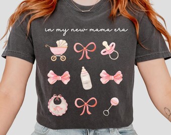 In My New Mama Era T-Shirt, Comfort Colors Baby Shower Tee, Boy & Girl Mom Gift, Mother’s Day Shirt, Newborn Essentials, Bow Decor Shirt