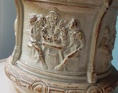 Exquisite antique salt glazed Tobacco jar with lid. Possibly French. Depicts detailed bar scenes. Wonderful heavy piece. Very old.