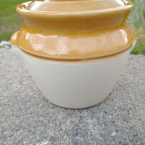 May include: A small, white ceramic crock with a brown lid. The crock has a brown band around the middle.