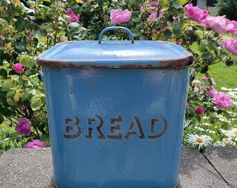 Vintage Blue Enamelware Bread Bin. Large. Rare. Bread Written in Black. c1940. Kitchenalia. Gift.