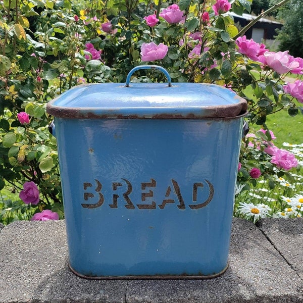 Vintage Blue Enamelware Bread Bin. Large. Rare. Bread Written in Black. c1940. Kitchenalia. Gift.
