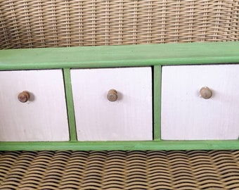 Vintage Country Cottage Drawer Storage Unit. Hand Painted in Green. 3 Wooden Drawers painted Cream. Wall Mountable or Freestanding.