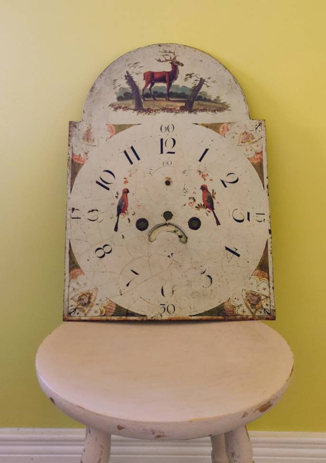 Antique Hand Painted Grandfather Clock Face. Toleware. Painted Brass