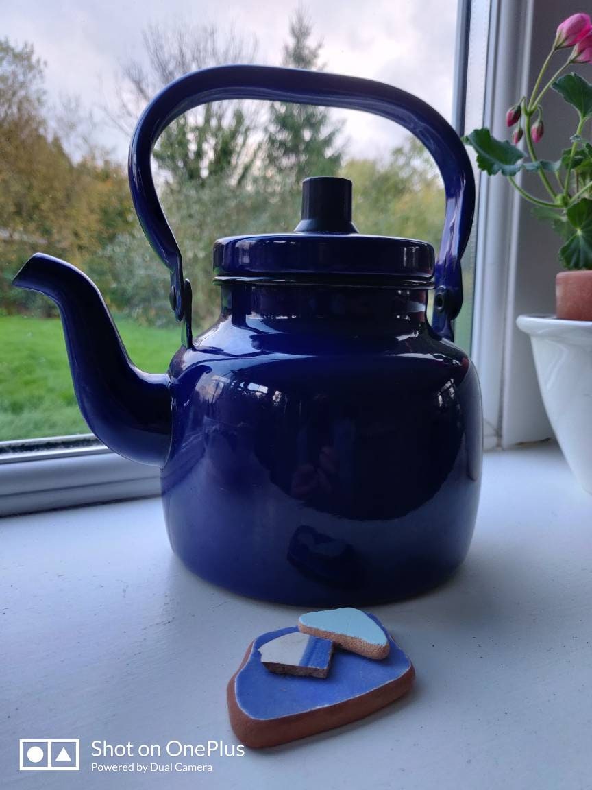Vintage Blue Enamelware Teapot/kettle With Handle. Bakelite Knob. C1970