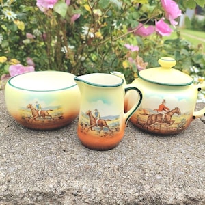 Antique Czecho-Slovakian Tea Set: Yellow Ceramic Hunt Scene, c1920