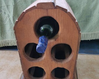 Vintage Indian Wood Wine Rack. Arched  Five Bottle Box. Metal Handle .c1970. Solid Bottle Storage.Rustic Farmhouse Kitchenware. Gift.