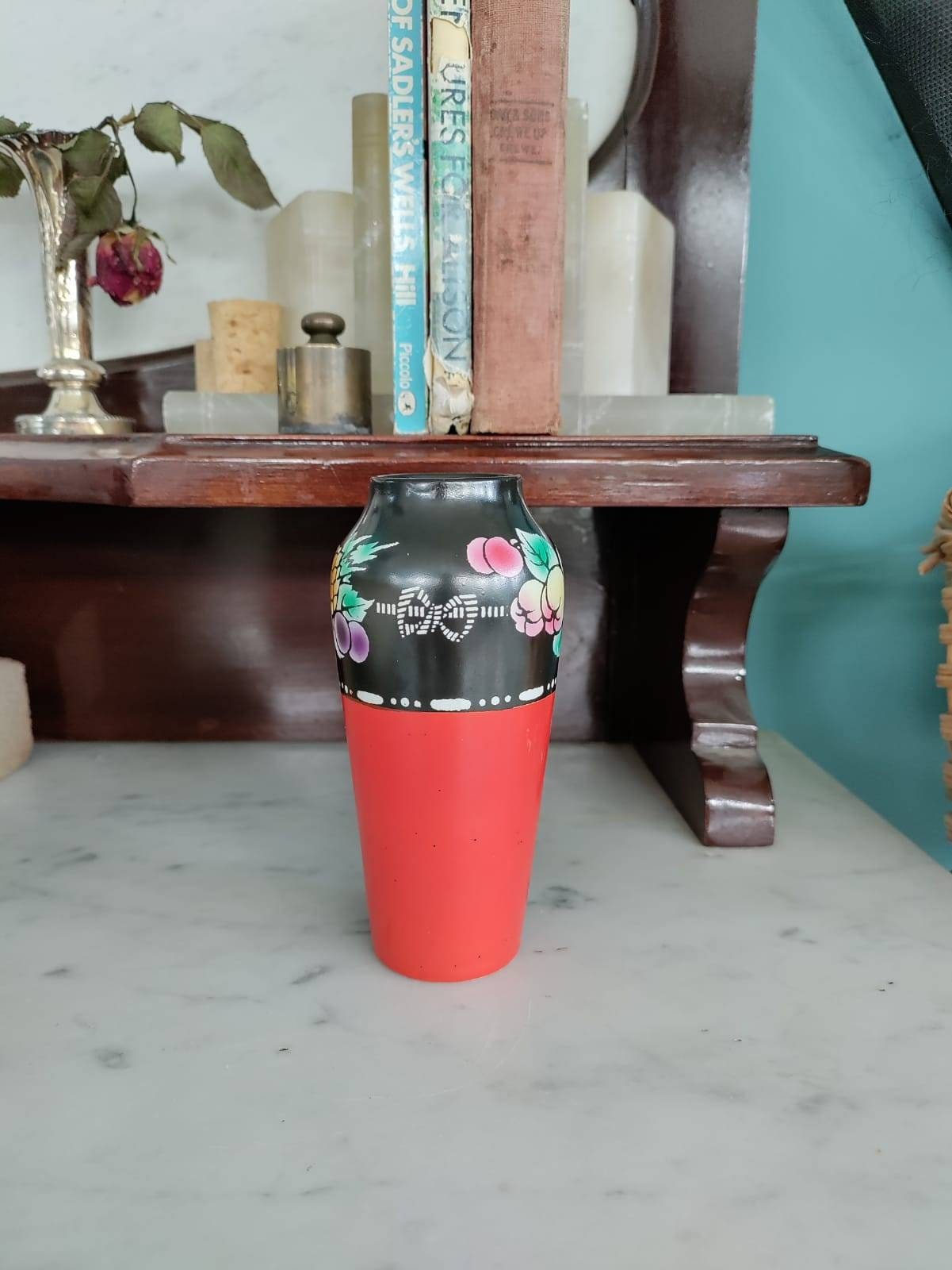 Vintage Shelley Bud Vase: Art Nouveau Ceramic with Fruit Detail