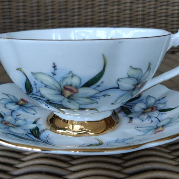 Vintage Taylor and Kent Footed Wide Mouth Teacup and Saucer. White Bone China Cup. Daffodil Flowers. Gold Details. c1950. Kitchenware. Gift.