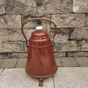 Vintage French Brown Enamelware Pot: 3-Legged Rustic Kitchen Container