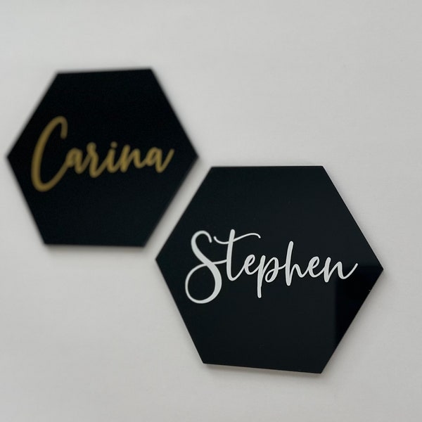 Acrylic Name Card | Hexagon Acrylic Place Cards | Acrylic Place Card | Wedding | Black Place Cards | Name Cards | Bridal Shower Place Card