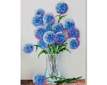 DIY Bead Embroidery Kit, Blue Dandelion Flowers in vase, DIY gift idea, Needlepoint kit Home wall decor Embroidery art Beaded painting set