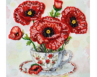 DIY Bead Embroidery Kit: Poppy Flowers, Floral Beading kit, Beadwork Needlepoint Artcraft kits