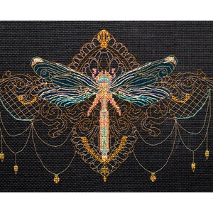 Cross Stitch Kit, Golden dragonfly, Modern Embroidery Kit, Counted cross stitch full kit, Art crafts kit, Needlepoint kit