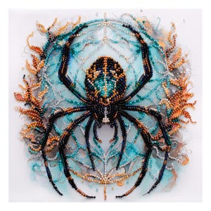 May include: A beaded spider with a black body and legs, surrounded by a web with blue and gold accents.