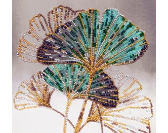 Ginko biloba leaf DIY Bead Embroidery Kit, Needlepoint kits Home wall decor Embroidery art Needlework beading on art canvas