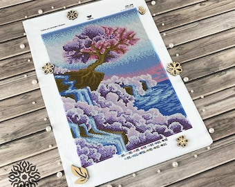 DIY Bead Embroidery Kit: Sakura Cliff Scene, Beadwork Beading kit (14.4x10.6 inch)