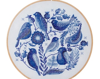 Blue Birds Cross Stitch Kit DIY: Floral Modern Embroidery Needlework kit Art crafts