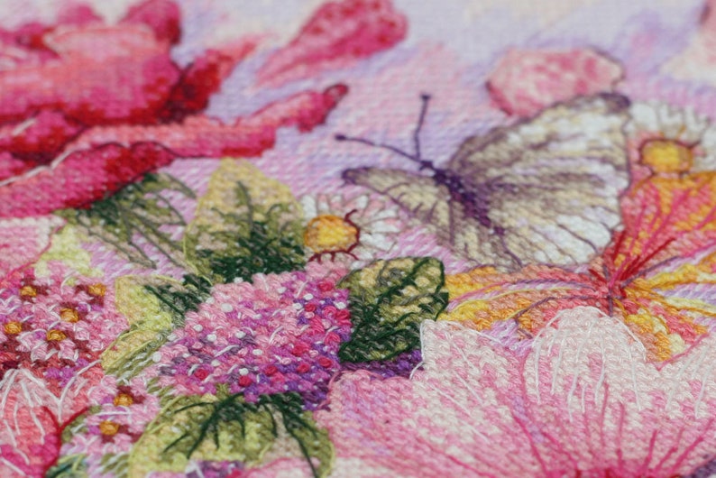 Needlepoint kit Cross Stitch Kit Pink Flowers Counted cross stitch full kit Art crafts kit Modern Embroidery Kit