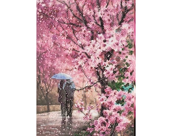 DIY Bead Embroidery Kit Fleur / Sakura Blossom,on art cotton canvas, Floral home wall decor, Beading Embroidery art Beaded painting set