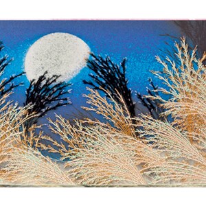 May include: A painting of a full moon shining over a field of tall grass. The grass is a light brown color with hints of green and white. The moon is white and the sky is a deep blue.