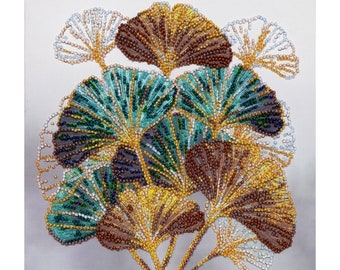 DIY Bead Embroidery Kit Ginko biloba leaf, Needlepoint kits Home wall decor Embroidery art Needlework beading on art canvas