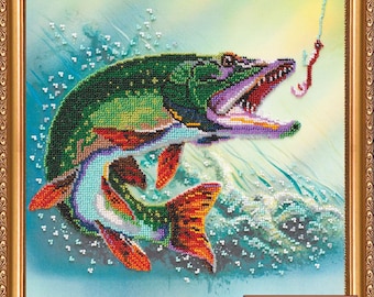 Fishing DIY Bead Embroidery Kit DIY gift idea Needlepoint kits Home decor Embroidery art Beaded painting set Needlepoint beading