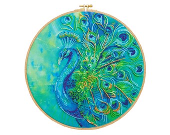 Kit de bordado de cuentas DIY de pavo real, kit de abalorios coloridos, bordado de arte de aro, juego de pintura con cuentas, idea de regalo DIY