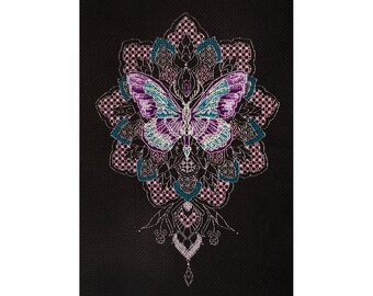 DIY Counted Cross Stitch Kit Butterfly, Black Aida canvas, Needlework kit Art crafts