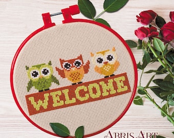 Welcome Owls DIY Cross stitch Kit, Easy Modern Embroidery Kit, Cute & Funny Xstitch Kit, Beginner Cross Stitch Kit, Wall hoop art
