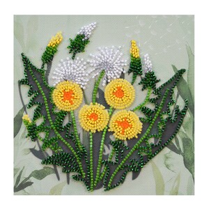 May include: A beaded artwork featuring a cluster of dandelions. The flowers have yellow petals with orange centers, and white seed heads. Green leaves and stems surround the flowers, all created with small beads. The background is a light green with watercolor-style foliage.