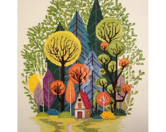 Cross Stitch Kit DIY: Cozy Forest Cottage Modern Woodland Embroidery Needlework kit Art crafts