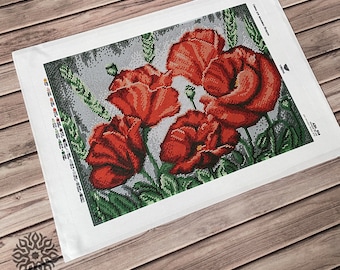 Poppies Bead Embroidery DIY Kit, Beadwork, Beading kit (14.4x10.6 inch)