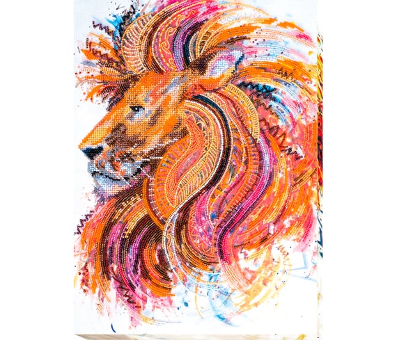 Colorful Lion DIY Bead Embroidery Kit, DIY gift idea, Needlepoint kits, Animal Home wall decor, Embroidery art, Beaded painting set